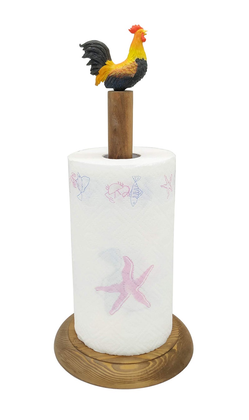 Owlgift Rooster Design Rustic Brown Wood Paper Towel Holder Stand Up Paper Towel Holder, Easy One-Handed Tear Kitchen Paper Towel Dispenser with Weighted Base for Standard Paper Towel Rolls - Image 1
